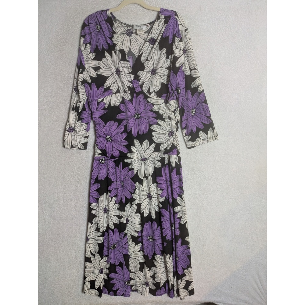 Jody California Wrap Dress Women's 16 Purple Floral V-Neck 3/4 Sleeve Midi